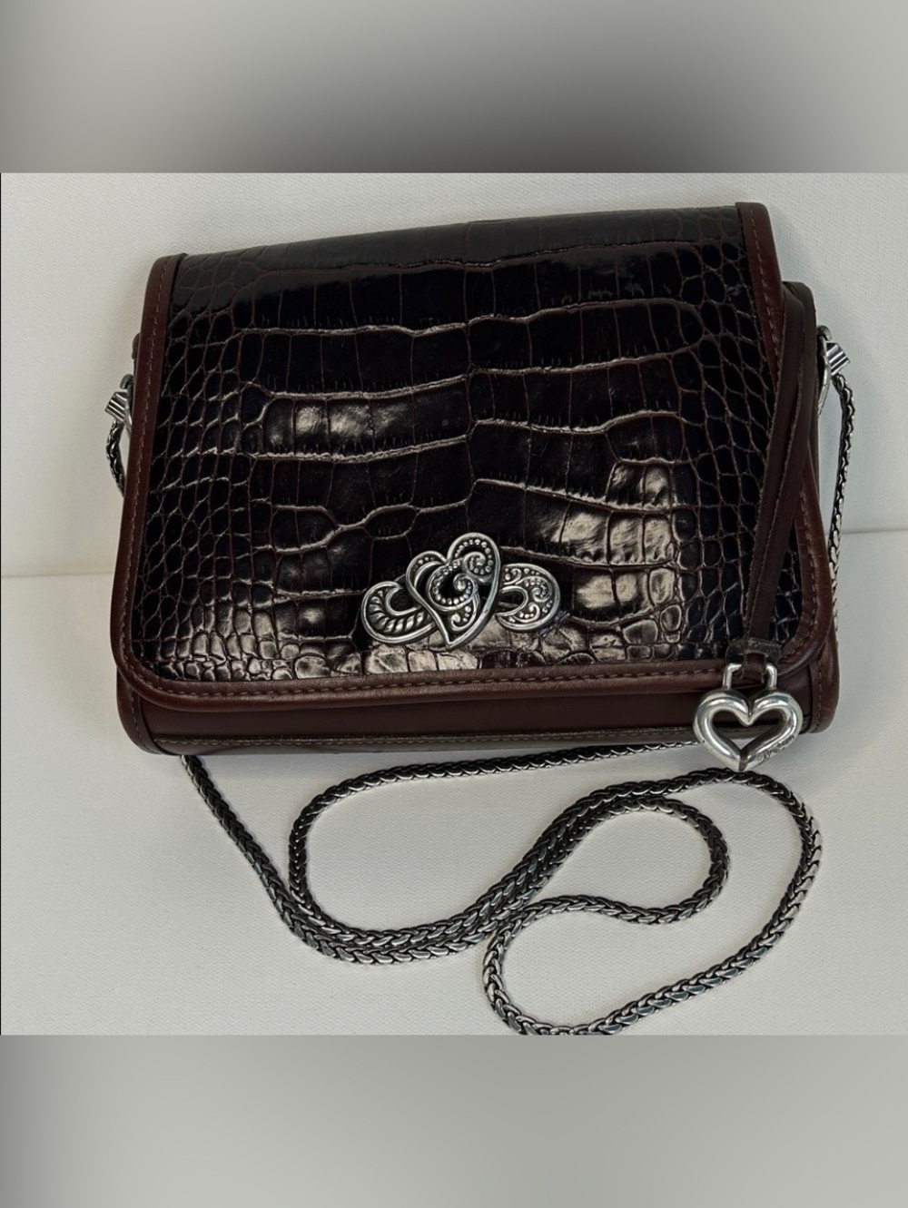 Brighton Dark Brown Croc-Embossed Crossbody with Silver Heart Accents